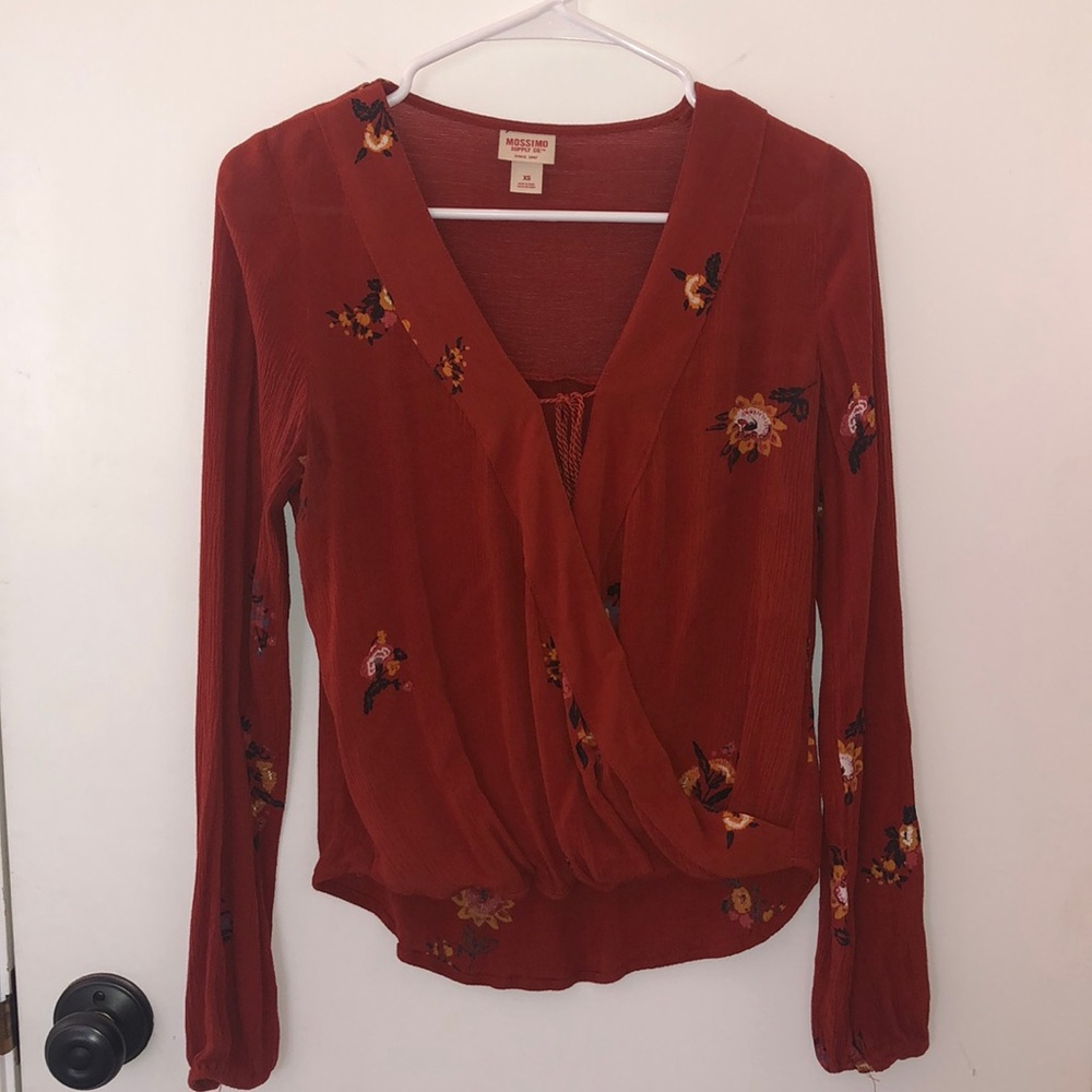 Rust colored wrap shirt with tie front detail